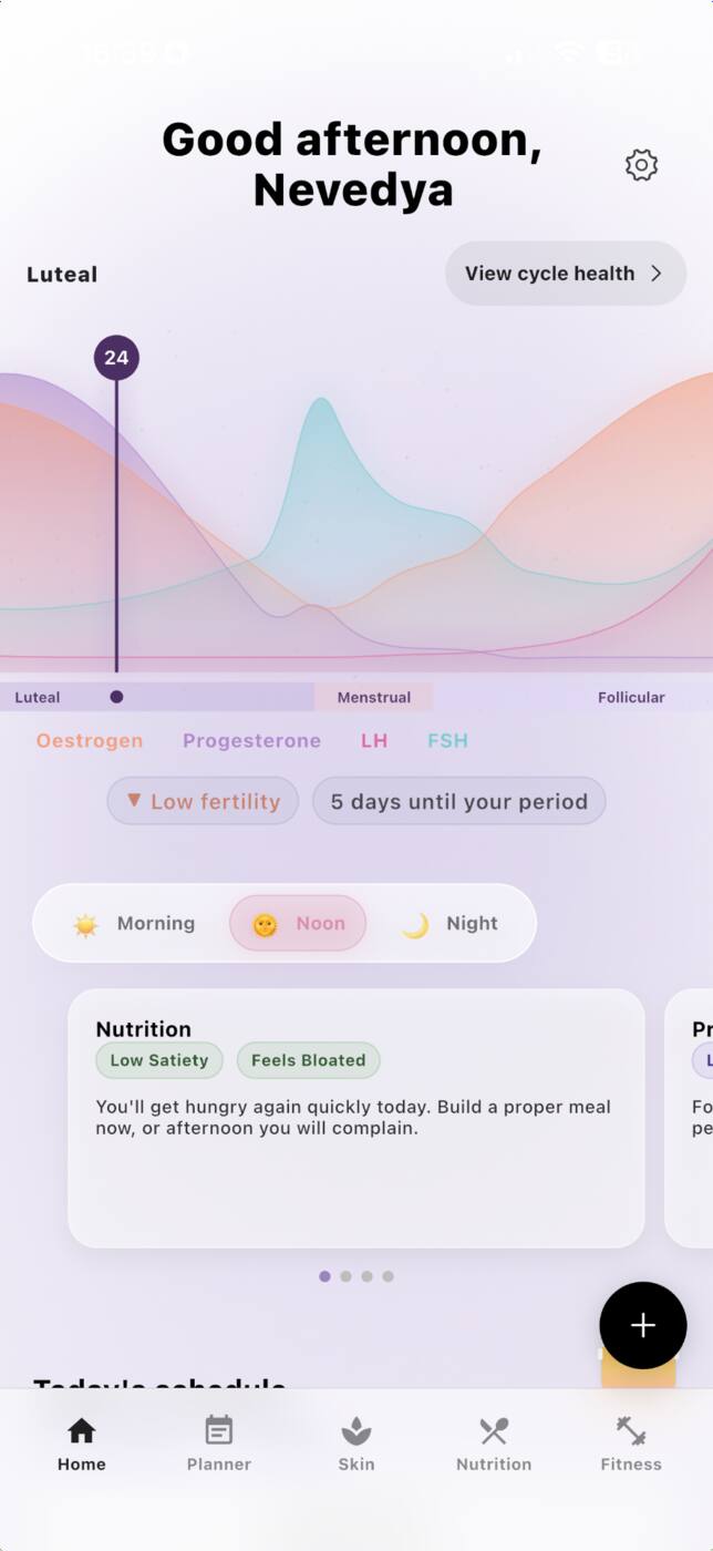 Lea home screen - hormone-aware dashboard